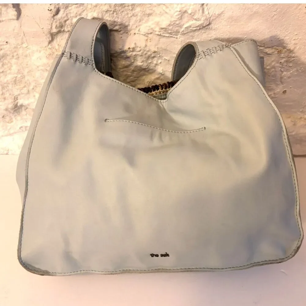 The Sak Pale Blue Leather Hobo Bag Crochet Beaded Boho Y2K Shoulder Tote - READ